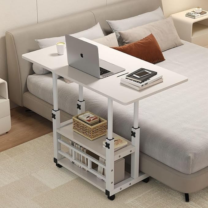 Home Office Desk, Height Adjustable Laptop Table with Shelf, Portable Small Computer Desk with Rolling Wheel, Modern Side Table for Work Study Reading,Stable and Durable, 80 * 40 * 60-90cm.