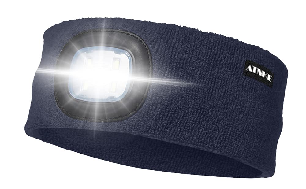 ATNKE LED Lighted Headband, USB Rechargeable Running Hat Ultra Bright 4 LED Waterproof Light Lamp Headlamp High Stretch Moisture Wicking Multi-Color/Navy