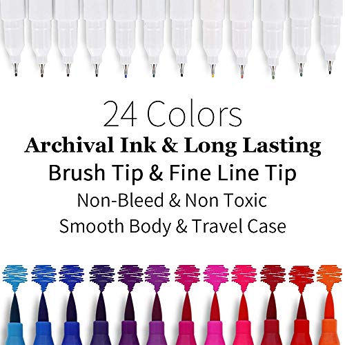 Reaeon Brush Marker Pens Dual Tips, Bullet Journal Fine Point Pen & Calligraphy Markers Set for Adult Coloring Books - 24 Colors Office School and Art Supplies