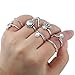 SUNSCSC Vintage Retro Silver Plated Flower Crystal Joint Knuckle Nail Ring Set of 8pcs