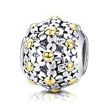 BAMOER Charm 925 Sterling Silver Poetic Daisy Flower Heart Enameled CZ Solid Charms Beads for DIY Bracelet Accessories
