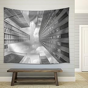 City Skyscrapers, Fisheye Upward Street View - Fabric Wall Tapestry Home Decor - 51x60 inches