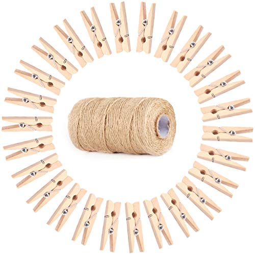 jiumoji Garden 100PC Wood Clothespin 3.5CM 100M Natural Craft Rope Jute Rope