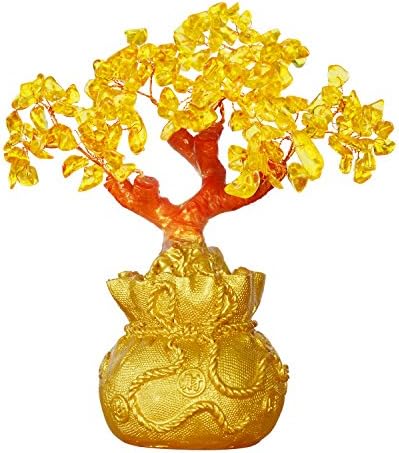 Parma77 Handmade Feng Shui Pale Gold Money Bag Crystal Gem Stone Money Tree Decoration for Wealth and Luck Desk Office Decor (Citrine)