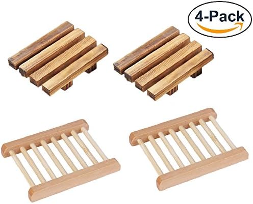 4 Pack Wood Shower Soap Dish Set, Wooden Soap Saver Holder, Natural Color