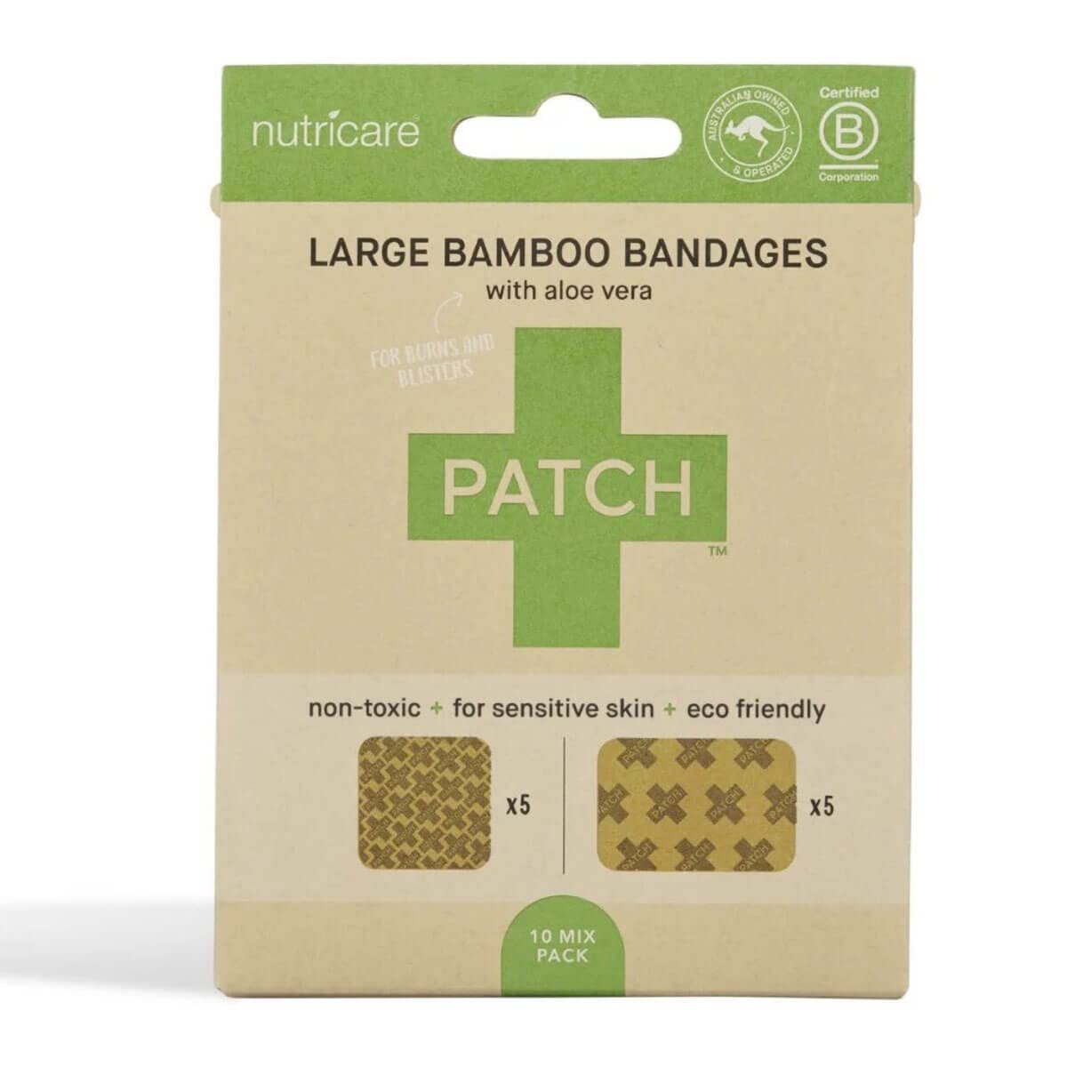 PATCH Large Format Bamboo Plasters for Burns & Blisters, Hypoallergenic Wound Care for Sensitive Skin - Latex Free, Aloe Vera 10pcs