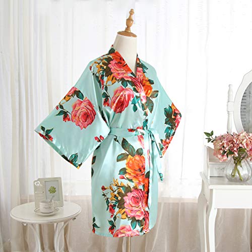 Peony Floral Silk Kimono Robe Bridal Bridesmaid Robes Dressing Gown for Women Light Blue