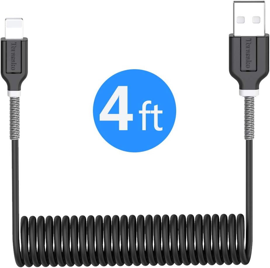 Coiled Charging Cable for Car(4 Feet, 1.2 Meters), Terasako Retractable Car Charger Cord - Black