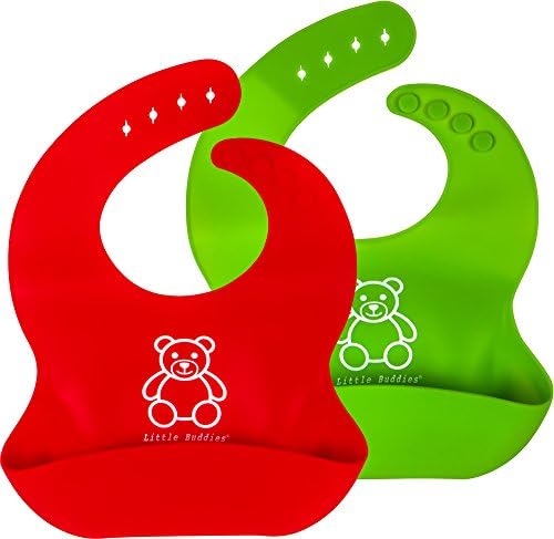 Little Buddies Waterproof Silicone Baby Bibs with Food Pocket! Comfortable, Soft, And Easy To Clean! For Boys and Girls. BPA Free, FDA Approved, Set of 2 Colors! (Red/Green)