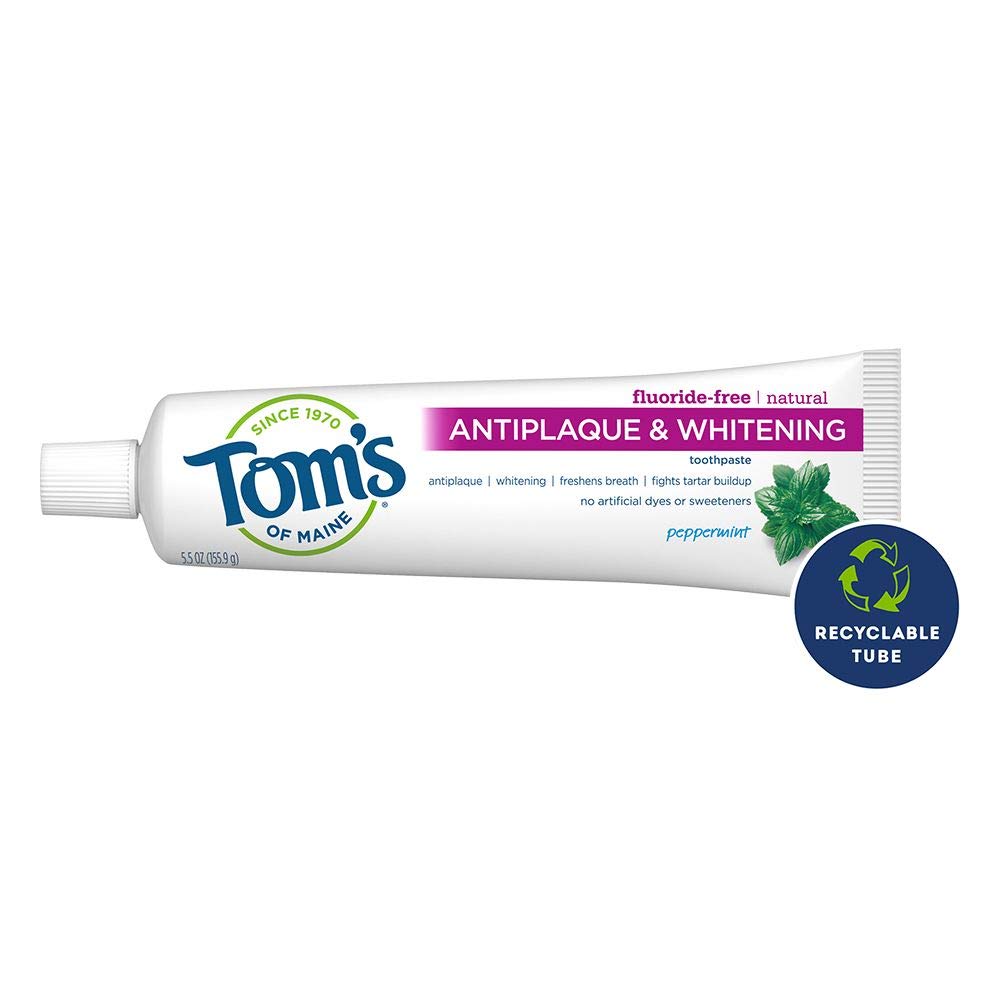 Tom's of Maine Fluoride-Free Antiplaque & Whitening Toothpaste, Whitening Toothpaste, Natural Toothpaste, Peppermint, 5.5 Ounce, 2-Pack : Beauty