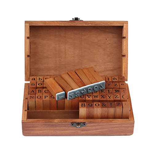 DDSKY Wooden Rubber Stamp Box Vintage Style 70 Pcs Alphabet Letter and Number Symbol Stamper Seal Set for DIY Craft Card Making Valentine's Day Gifts