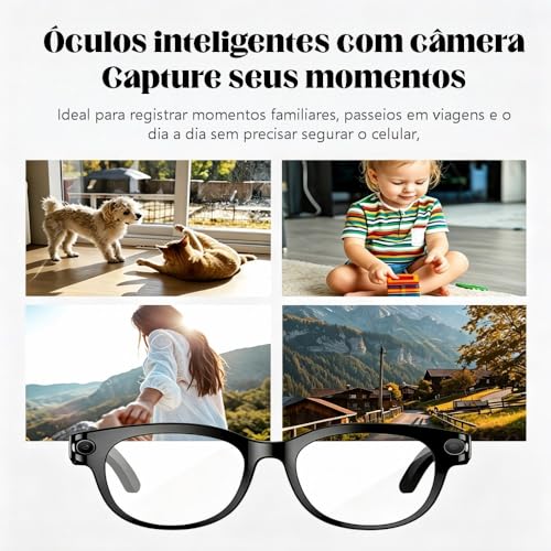 Óculos inteligentes com câmera 2MP, assistente virtual IA, tradução instantânea, reprodução musical, chamadas telefônicas, Wi-Fi 6 Bluetooth 5.4, bateria longa duração, carregamento USB-C