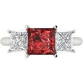Clara Pucci 14K Solid Gold Engagement Ring for Women | 2.5 cttw Garnet Princess Cut Three-Stone | Real White Gold Wedding Ring