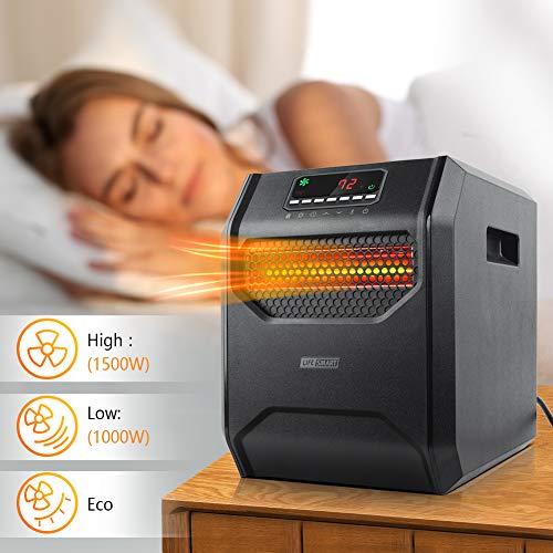 LIFE SMART Quartz Electric Space Heater with Adjustable Thermostat, Large LED Display, Digital Remote Control, 12 Hour Timer, 13.6 x 11.4 x 14.2 inch, Black