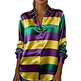 Mardi Gras Shirts for Women Buttons Color Block Striped Mardi Gras Outfits Ladies' Carnival Costume Clothes