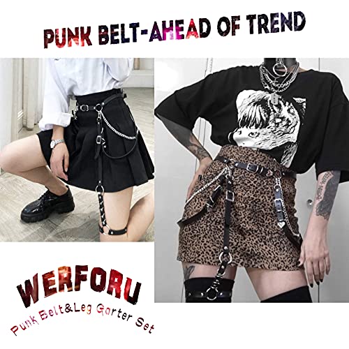 WERFORU Women Punk PU Leather Chain Belt Ladies Gothic Rock Waist Belt with Leg Harness Garter, Belt Suit for Waist Size 26-39 Inches, Leg Garter Suit for Thigh Girth below 61 Inches
