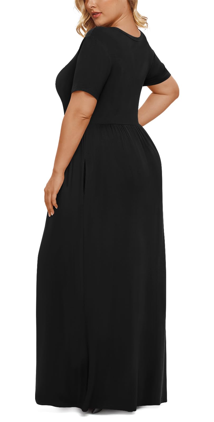LONGYUAN Women Summer Short Sleeve Dress Casual Plus Size Maxi Long Dresses with Pockets Black, 6XL - Image 3
