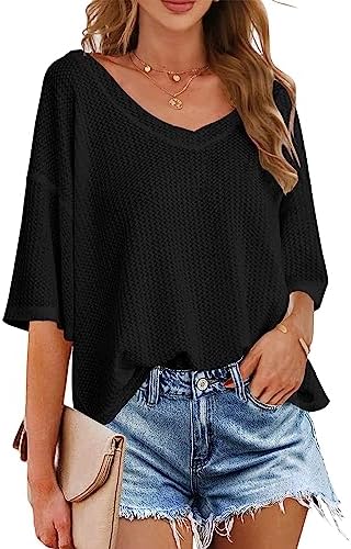 MEROKEETY Women's V Neck Batwing Half Sleeve Shirts Waffle Knit