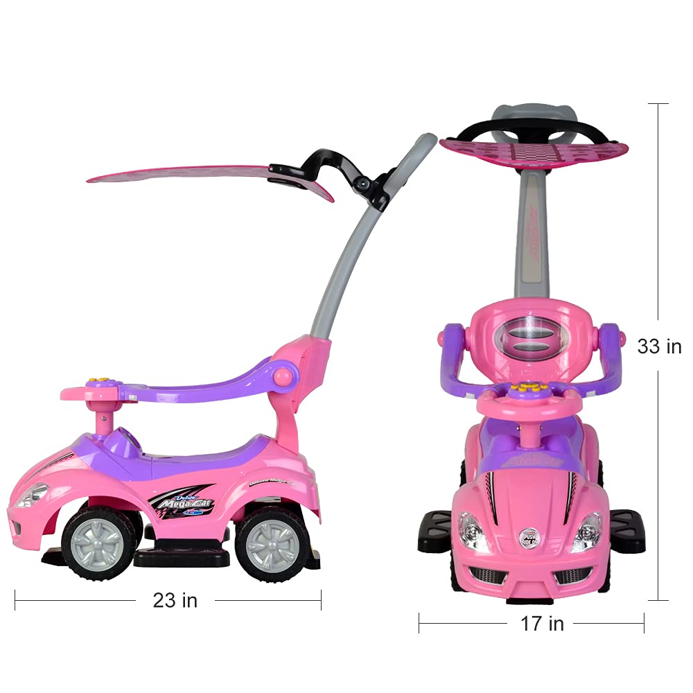 ChromeWheels Push Cars for Toddlers, 3 in 1 Ride on Push Car with Removable Canopy, Ride on Toys Mega Car w/Handle & Horn & Music, Pink