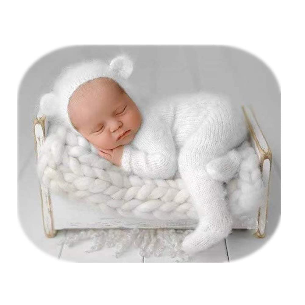 Photo 1 of Vemonllas Newborn Photography Props Boys Girls Outfits Mohair Bear Hat Bonnet & Footed Romper Bodysuit Photoshoot Costume Set (White)