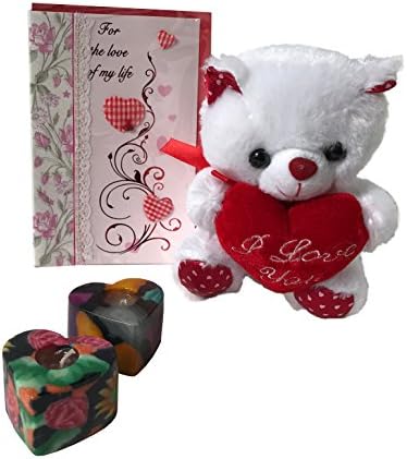 1 White Teddy Bear with Heart That Reads "I Love You", 1 Valentines Day Card and 1 Pack of 2 Mini Heart Shaped Glowing Handmade Candle in Floral Print