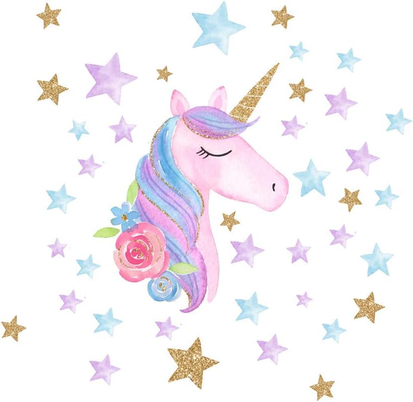 AIYANG Unicorn Wall Stickers Rainbow Colors Wall Decals Reflective Wall Stickers for Girls Baby Kids Bedroom Playroom Decoration (Pink Unicorn and Stars,Right)