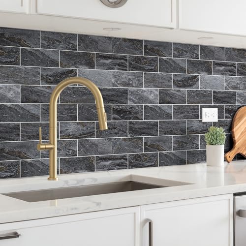 StyloVue 100 Pieces Peel and Stick Backsplash for Kitchen, 3" x 6" PVC Subway Tile 2026 Upgraded Gray-Gold Stone Backsplash Stick on Tile Elevate Kitchen Fireplace RV
