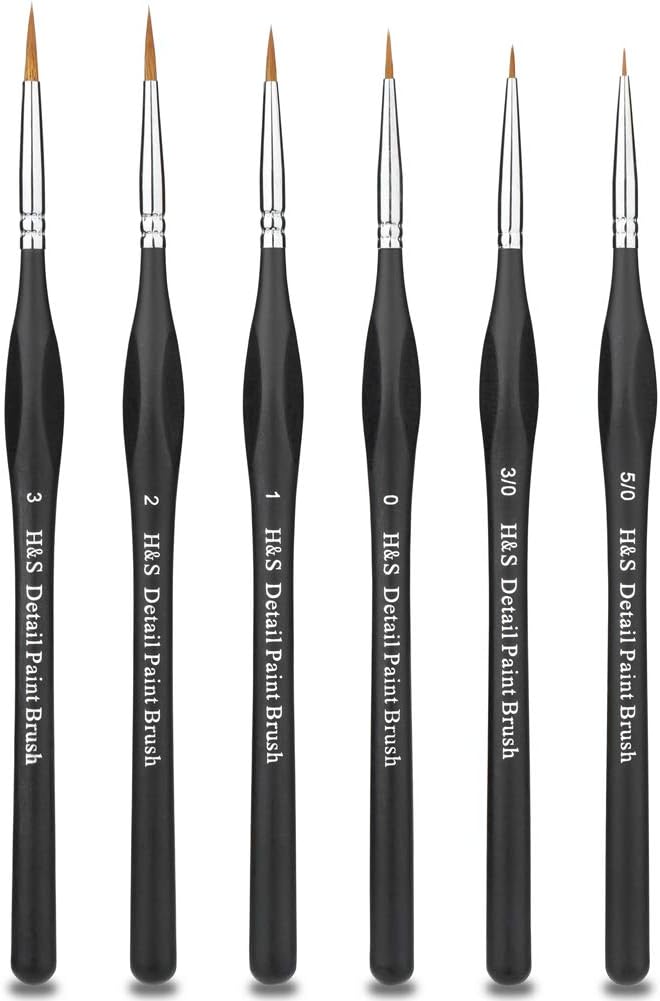 H&S Detail Paint Brushes Set 6pcs Fine Tip for Acrylic Watercolor Oil