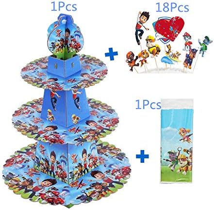 Paw Dog Patrol Cake Stands,1Pcs Cardboard Cupcake Tree Display Stands(3 Tier)+1Pcs Paw Dog Patrol Table Cover + 18Pcs Paw Dog Patrol Cupcake Toppers For Baby Showers Birthday Party Decoration Supplies