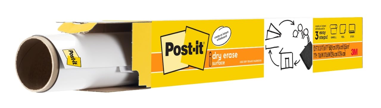 Photo 1 of Post-it Dry Erase Whiteboard Film Surface for Walls, Doors, Tables, Chalkboards, Whiteboards, and More, Removable, Stain-Proof, Easy Installation, 3 ft x 2 ft Roll (DEF3x2)