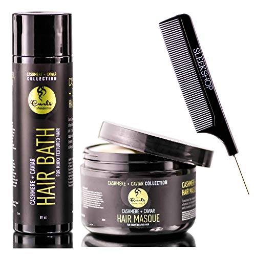 CURLS Professional CASHMERE + CAVIAR Hair Bath Shampoo + HAIR MASQUE Mask Conditioner for KINKY TEXTURED Hair Duo Set (w/SLEEK COMB) (8 oz / 250 ml - DUO KIT)