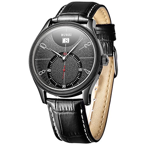 BUREI Men's Black Classic Quartz Watch Analog Display Synthetic Sapphire Glass and Genuine Leather Strap