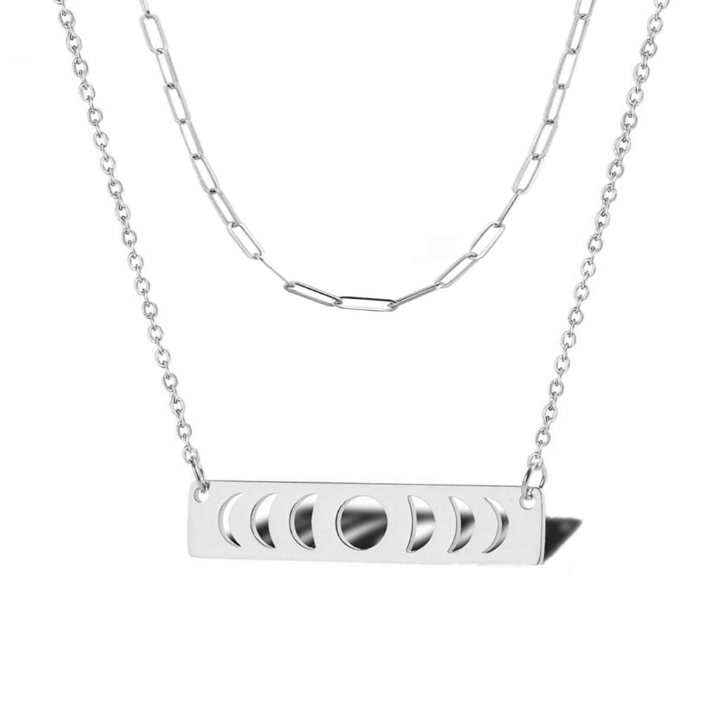 UALGL Stainless Steel Moon Phase Pendant Necklace Bar Chain Choker Necklace for Women Girls Triple Goddess Jewelry