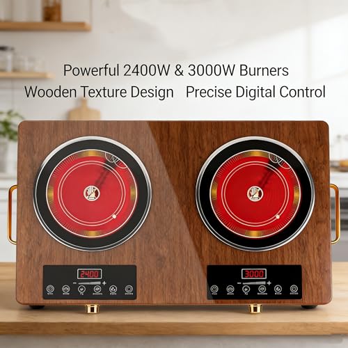 Jospondent Double burner electric ceramic stove, 3500W high-power electric cooking stove, no installation required, wood grain tempered glass and black crystal glass panel, aluminum alloy shell with