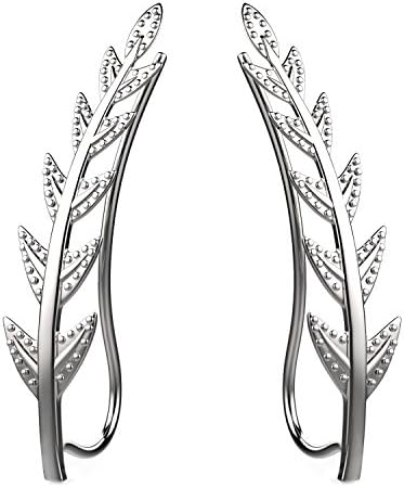 Feramox Ear Crawler Cuff Earrings Sterling Silver Ear Climber Studs Olive Leaf Hypoallergenic