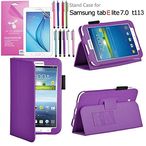 Galaxy Tab E Lite 7.0 Case, EpicGadget(TM) Galaxy E Lite Premium PU Leather Folding Folio Cover Case with Built in Stand For Tab E Lite 7 inch T113 + Screen Protector + 1 Stylus (Purple Leather Cover)