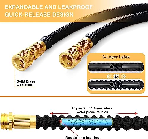 Expandable Garden Hose 75ft Flexible Water Hose Pipe with 8 Modes Spray Gun and 1/2 to 3/4 Inch Solid Brass Fittings for Gardening Yard Cleaning and Outdoor Car Washing Leak Proof Design