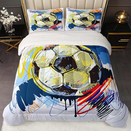 QOOMO Soccer Sherpa Fleece Bedding Set Full Size for Kids Teens with Hand Drawn Football Graffiti Style Comforter & 2 Pillowcases