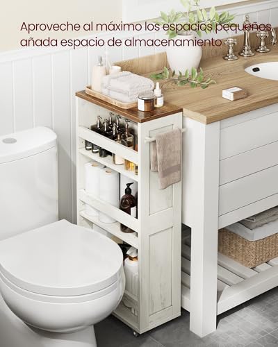 VASAGLE 4 Tier Slim Storage Trolley Kitchen Shelf with Wheels with Handle Small Space 20 x 43.2 x 86.5 cm Bathroom Laundry Rustic Cream White and Honey Brown LRC051K01