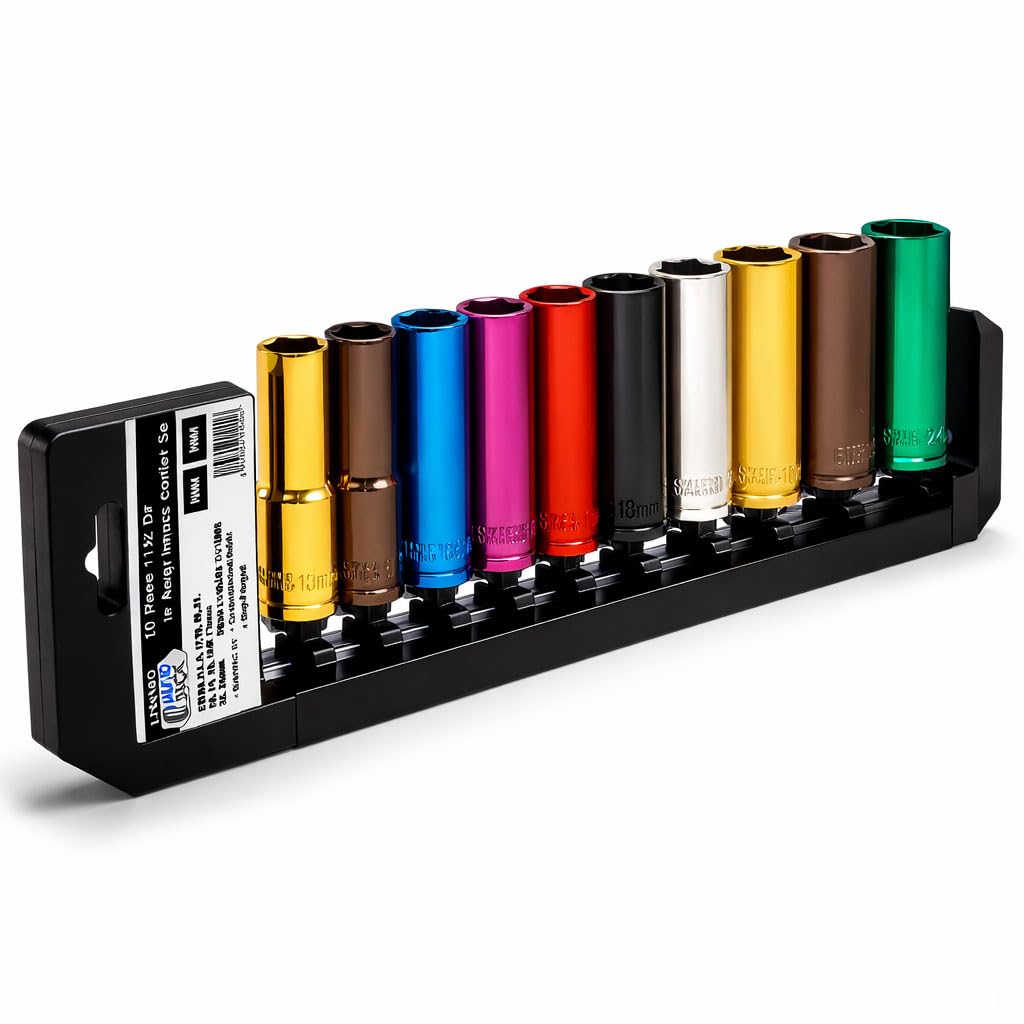 Autojack 1/2" Deep Socket Set 10 Piece Metric Multi Coloured Sockets with Included Storage Rack, Premium Chrome Finish for Corrosion Resistance