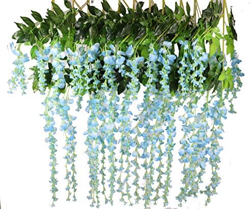 12 Pack 3.6 FT Artificial Fake Hanging Wisteria Vine Ratta Silk Flowers String for Home Wedding Party Decor (Blue)