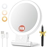 Auxmir 1X/30X Magnifying Mirror with Light, Double Sided Makeup Mirror with Adjustable 3 Color Light, 2000mAh Rechargeable Lighted Magnifying Mirrors with Tweezer, Foldable Travel Mirror with Rotation