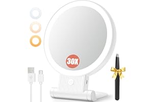 Auxmir 1X/30X Magnifying Mirror with Light, Double Sided Makeup Mirror with Adjustable 3 Color Light, 2000mAh Rechargeable Lighted Magnifying Mirrors with Tweezer, Foldable Travel Mirror with Rotation