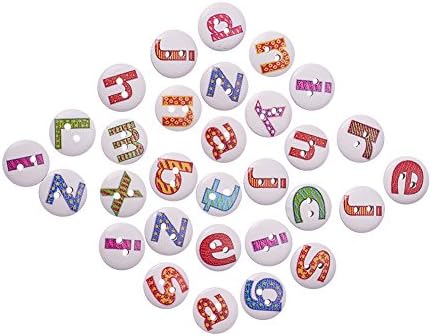 Pandahall 50 Pcs Flat Round with Letter Dyed 2-Hole Printed Wooden Buttons, White, 15x3mm, Hole: 2mm