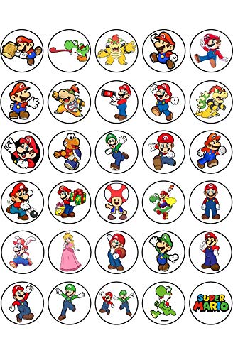 30 X Edible Cupcake Toppers Super Mario Themed Collection Of