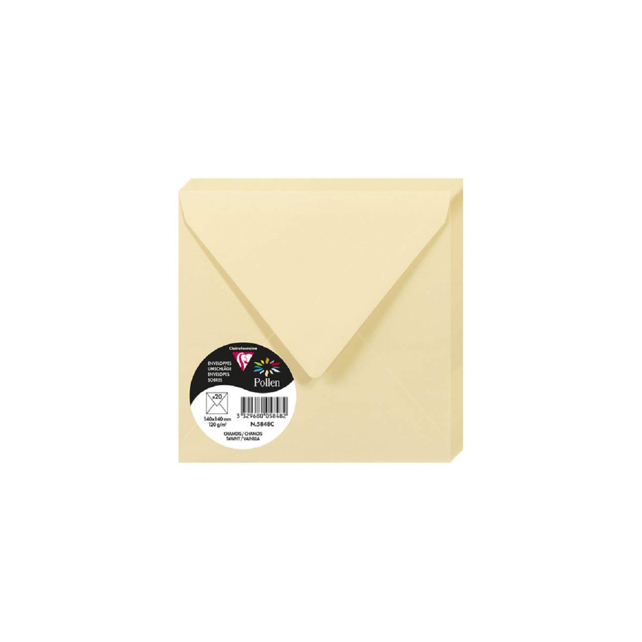 Clairefontaine 5848C Pack of 20 Gummed Envelopes Square Format 14x14cm 120g/m² Tawny Colour Invitation Events Correspondence Pollen Range Premium Smooth Paper — image 1