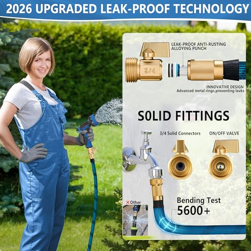 75FT Garden Hose, Lightweight Flexible Water Hose, 5/8" Kink Free Leak Proof Hose, Heavy Duty 96-Layer Woven with 3/4" Brass Fittings, 10 Function Nozzle for Yard Lawn Outdoor Car Wash(BlueBlack)