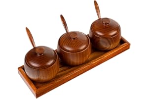 3 Pcs Wood Spice Jars, Natural Wooden Sugar Bowl Condiment Pot Seasoning Container with Lid, Spoon and Tray for Salt Pepper S