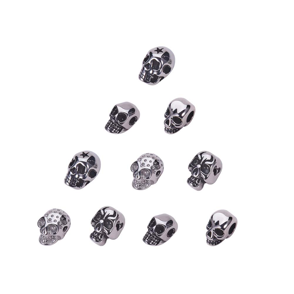 UNICRAFTALE 10pcs 5 Styles Stainless Steel Skull Head Beads Antique Silver & Stainless Steel Color Skull Spacer Beads Small Hole Bead Finding Halloween Decoration for Bracelet Necklace Jewelry Making