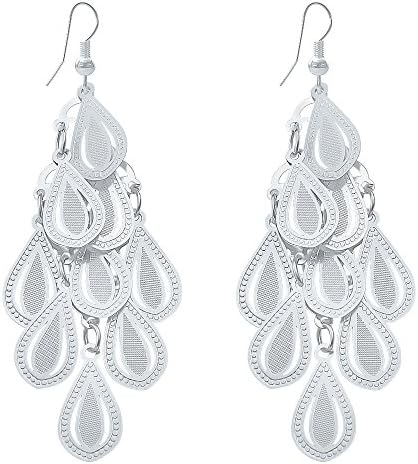 Happy Source Boho Style Alloy Teardrop Tiered Chandelier Women Dangle Earrings Sliver-Color